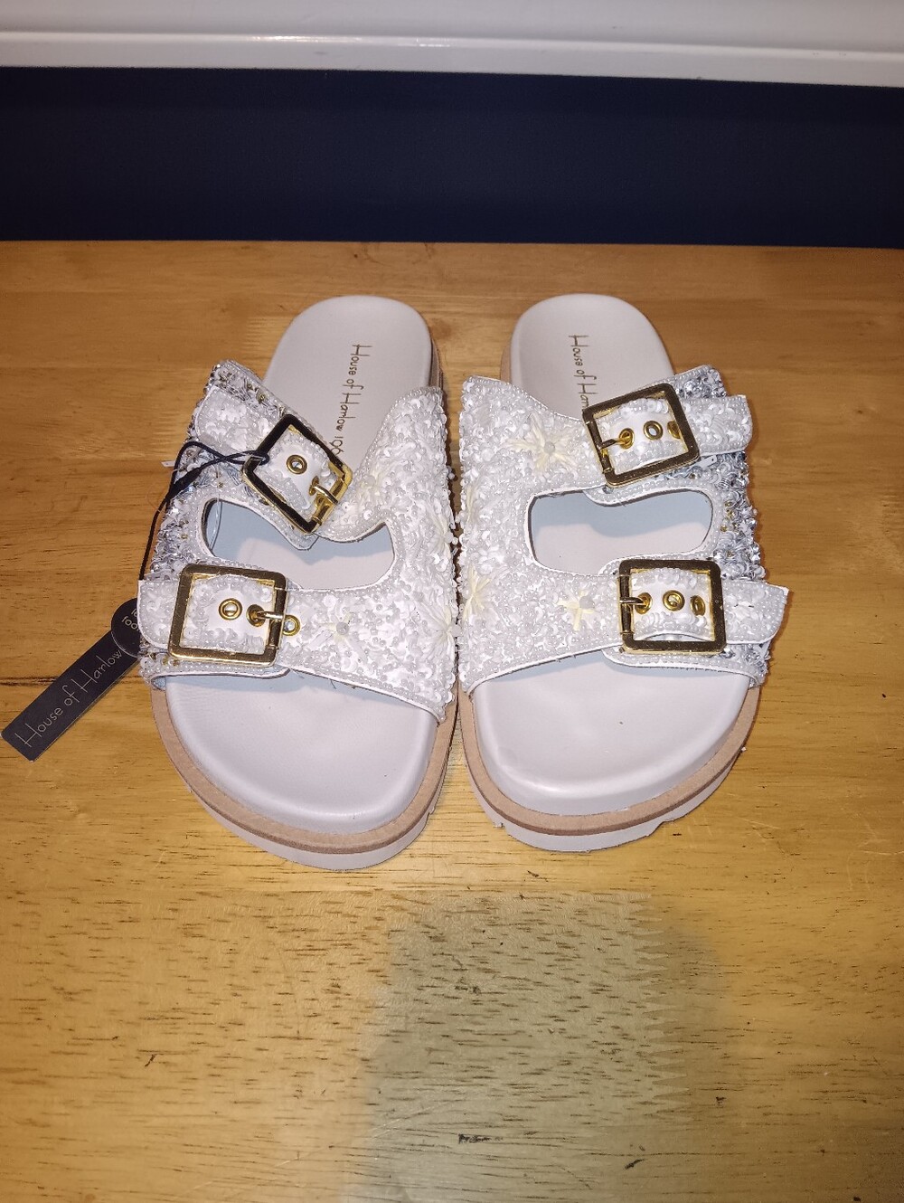 House of Harlow 1960 White Embellished Buckle Slide Sandals Size 8